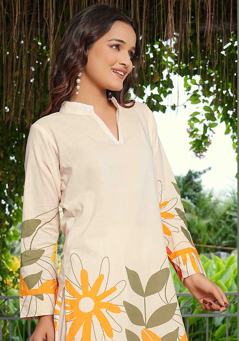 Monjolika Fashion Elegant Cream Floral Printed Cotton Co-Ord Set For Women