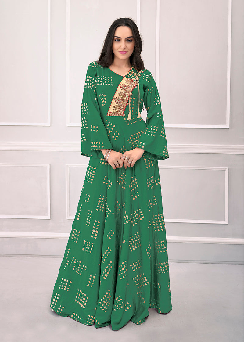Monjolika Fashion Green Muslin Foil Print Party Wear Kurti