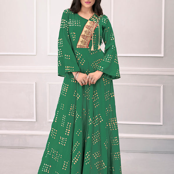 Monjolika Fashion Green Muslin Foil Print Party Wear Kurti - Distacart