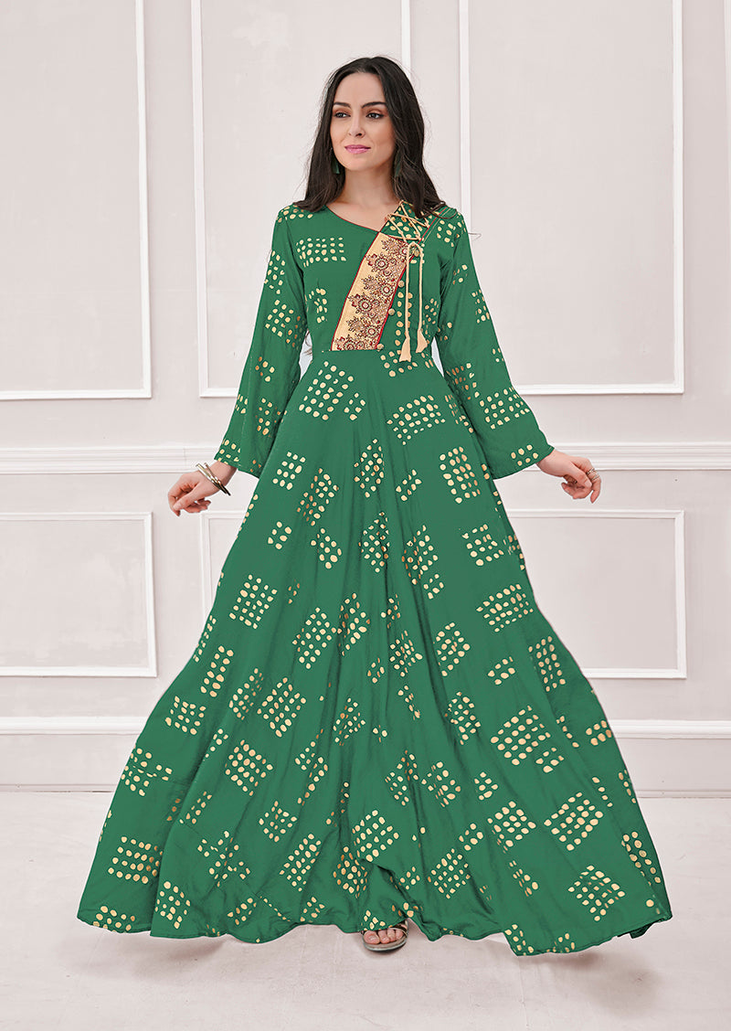 Monjolika Fashion Green Muslin Foil Print Party Wear Kurti