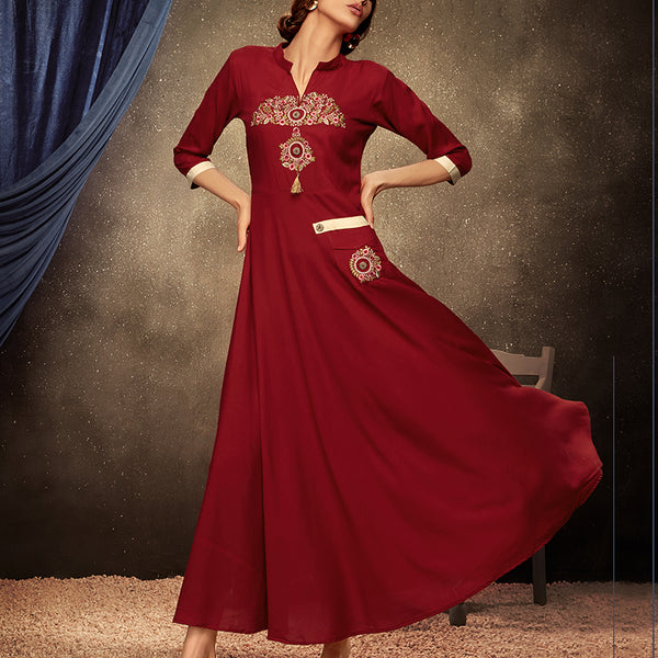 Monjolika Fashion Maroon Embroidered Rayon Party Wear Kurti - Distacart