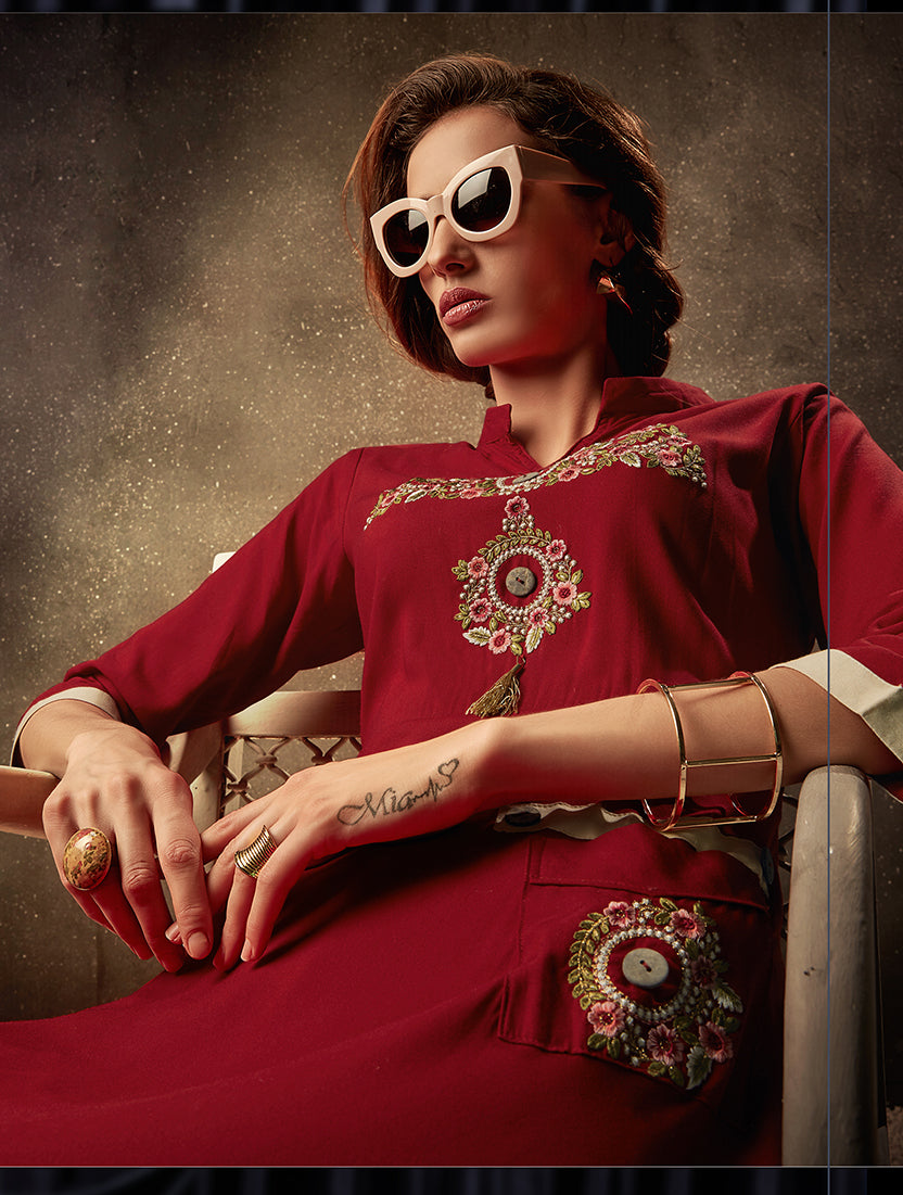 Monjolika Fashion Maroon Embroidered Rayon Party Wear Kurti