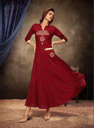 Monjolika Fashion Maroon Embroidered Rayon Party Wear Kurti