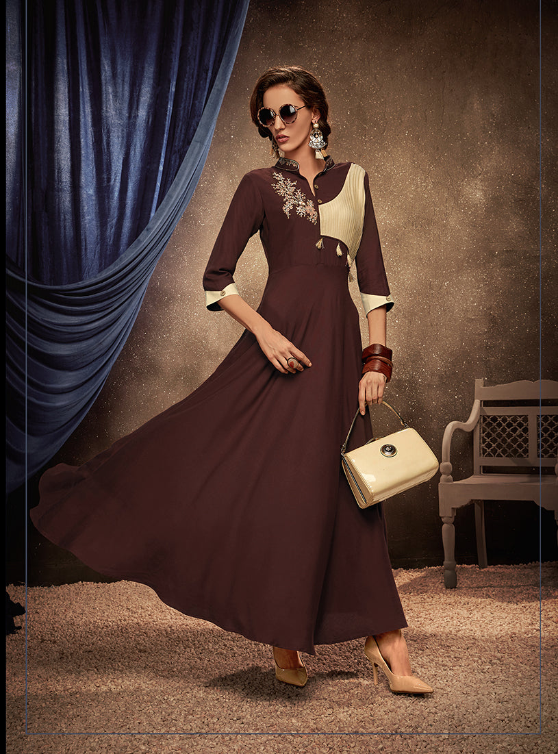Monjolika Fashion Brown Embroidered Rayon Party Wear Kurti