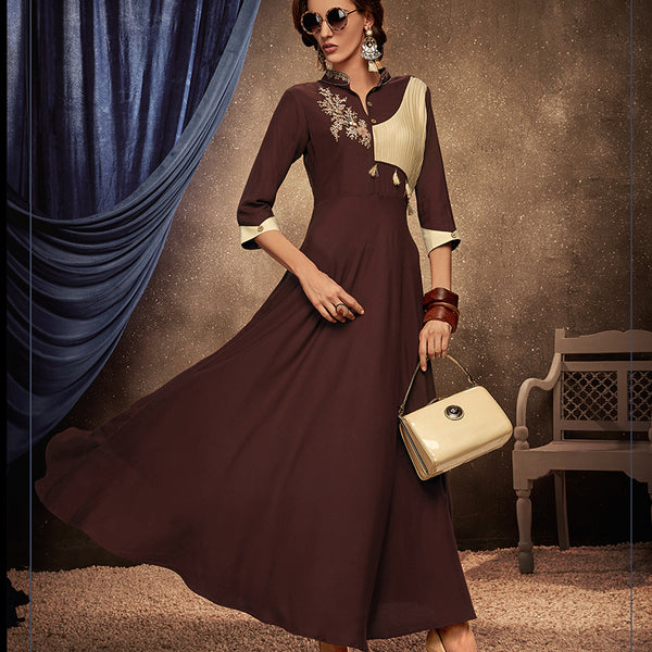 Monjolika Fashion Brown Embroidered Rayon Party Wear Kurti - Distacart
