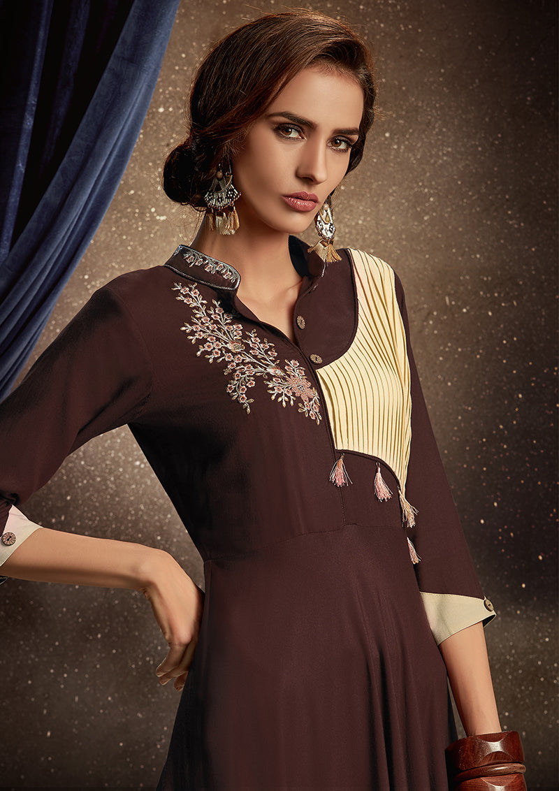 Monjolika Fashion Brown Embroidered Rayon Party Wear Kurti