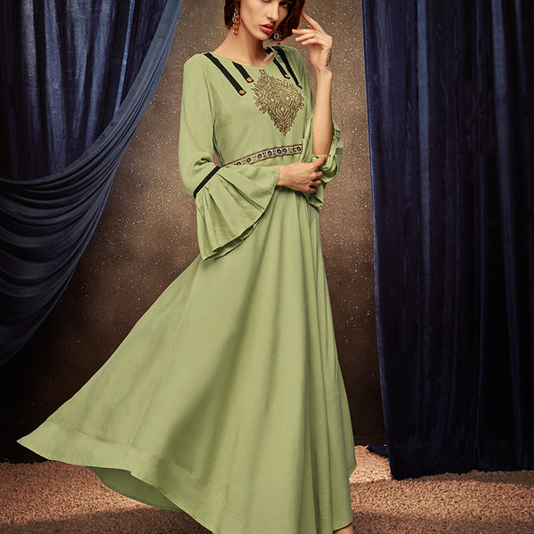 Monjolika Fashion Light Green Embroidered Rayon Party Wear Kurti - Distacart