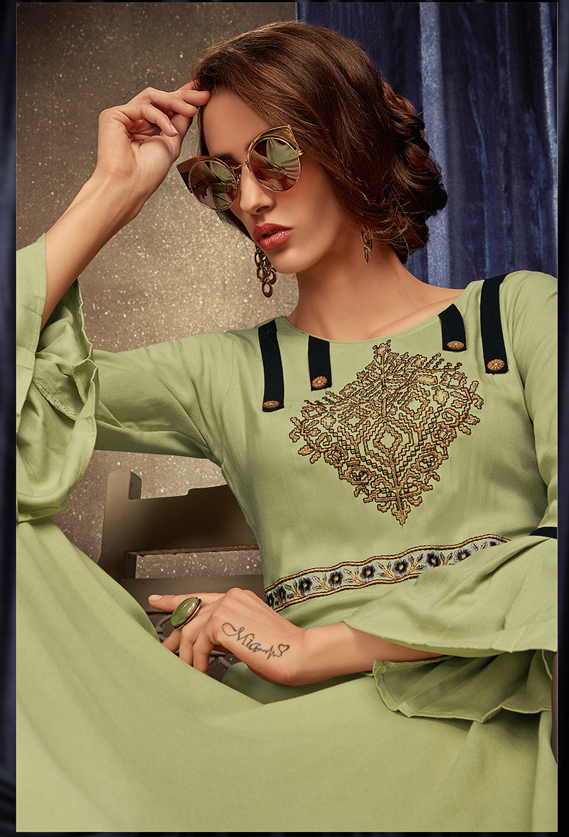 Monjolika Fashion Light Green Embroidered Rayon Party Wear Kurti