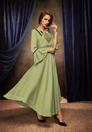 Monjolika Fashion Light Green Embroidered Rayon Party Wear Kurti