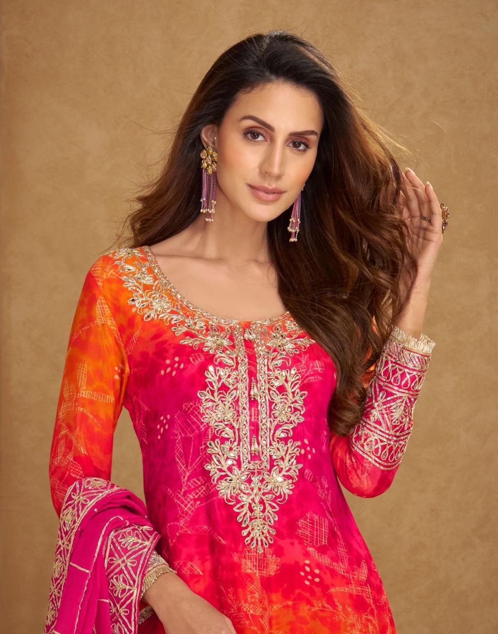 Anaita Orange Chinon Stitched Suit With Embroidery Work - Dista
