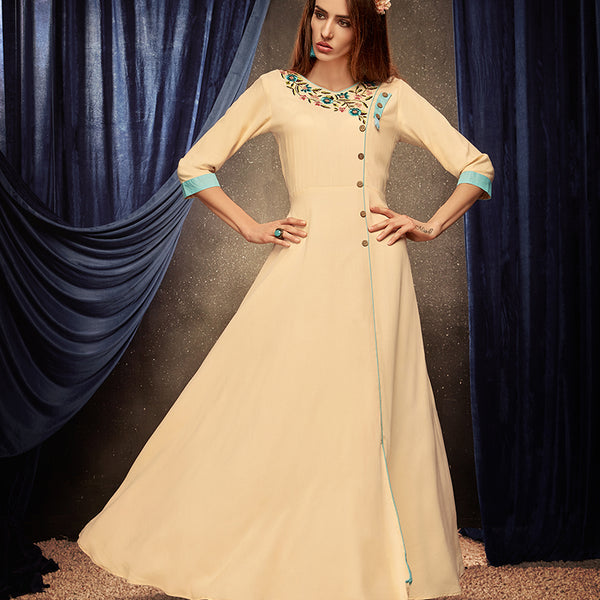 Monjolika Fashion Cream Embroidered Rayon Party Wear Kurti - Distacart