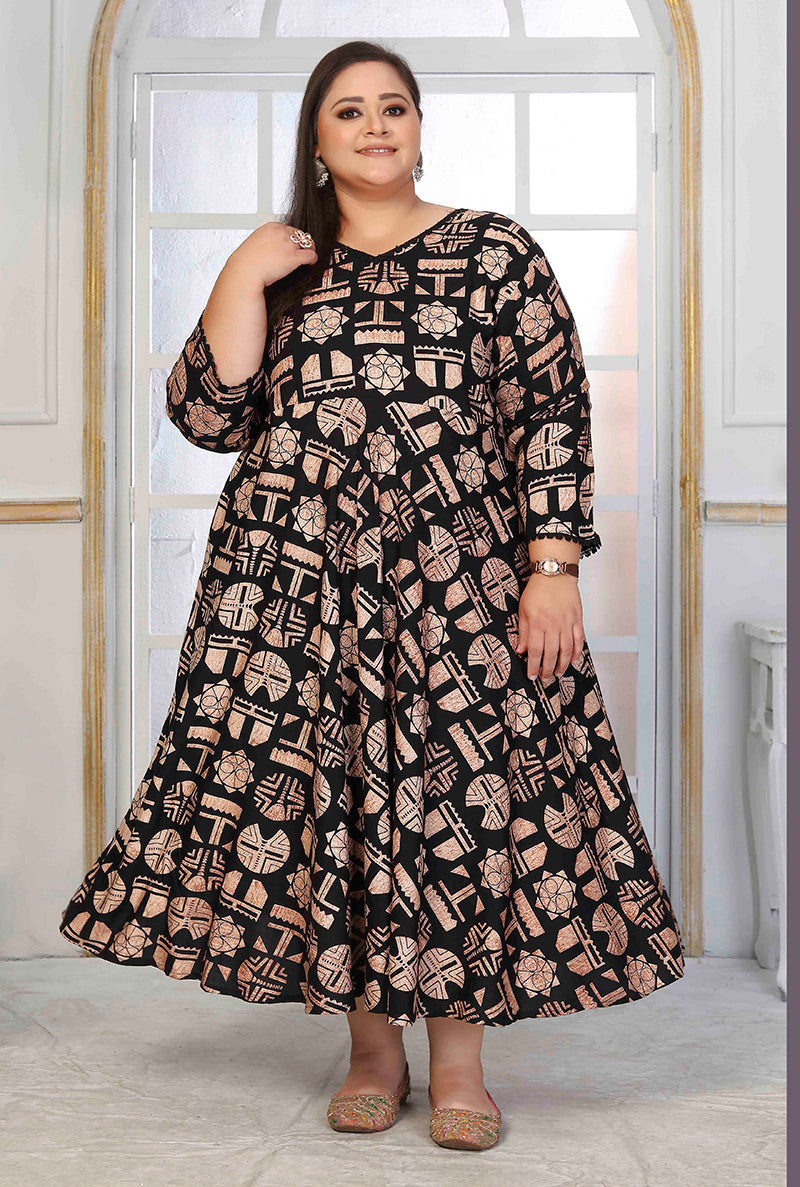 Monjolika Fashion Rayon Printed Black Designer Kurti