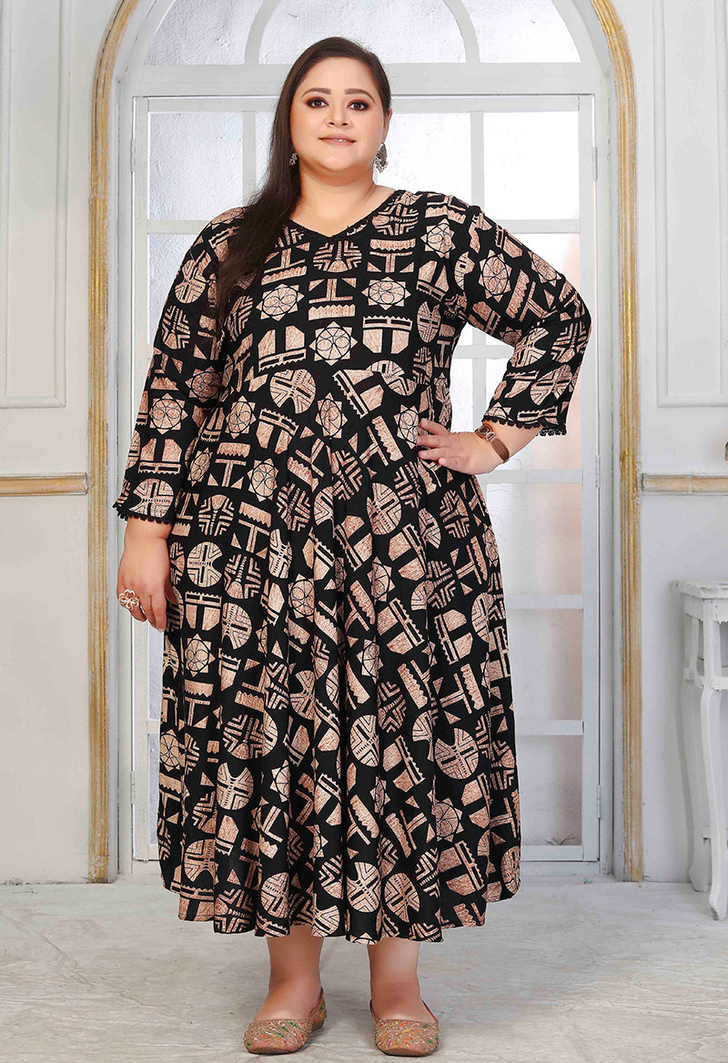 Monjolika Fashion Rayon Printed Black Designer Kurti
