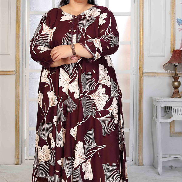 Monjolika Fashion Rayon Printed Wine Designer Kurti