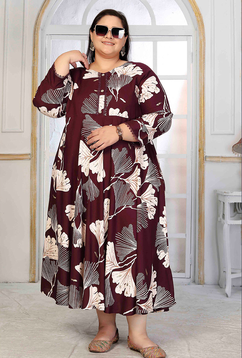 Monjolika Fashion Rayon Printed Wine Designer Kurti