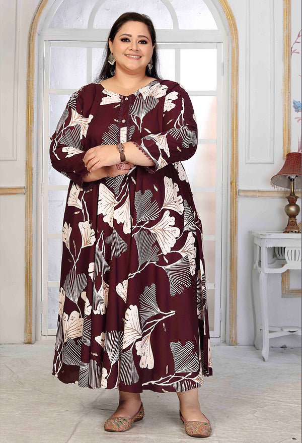 Monjolika Fashion Rayon Printed Wine Designer Kurti