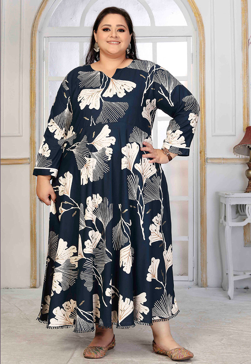 Monjolika Fashion Rayon Printed Navy Blue Designer Kurti