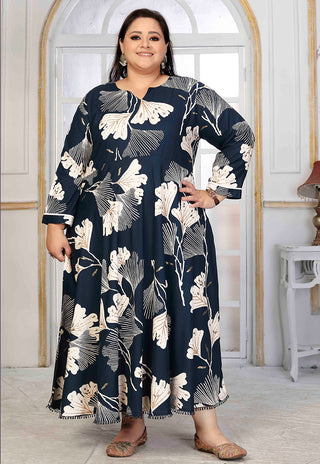 Monjolika Fashion Rayon Printed Navy Blue Designer Kurti