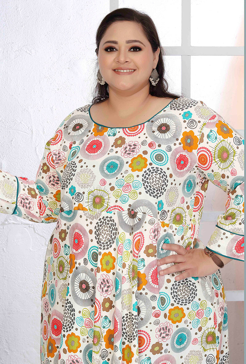 Monjolika Fashion Rayon Printed White Designer Kurti