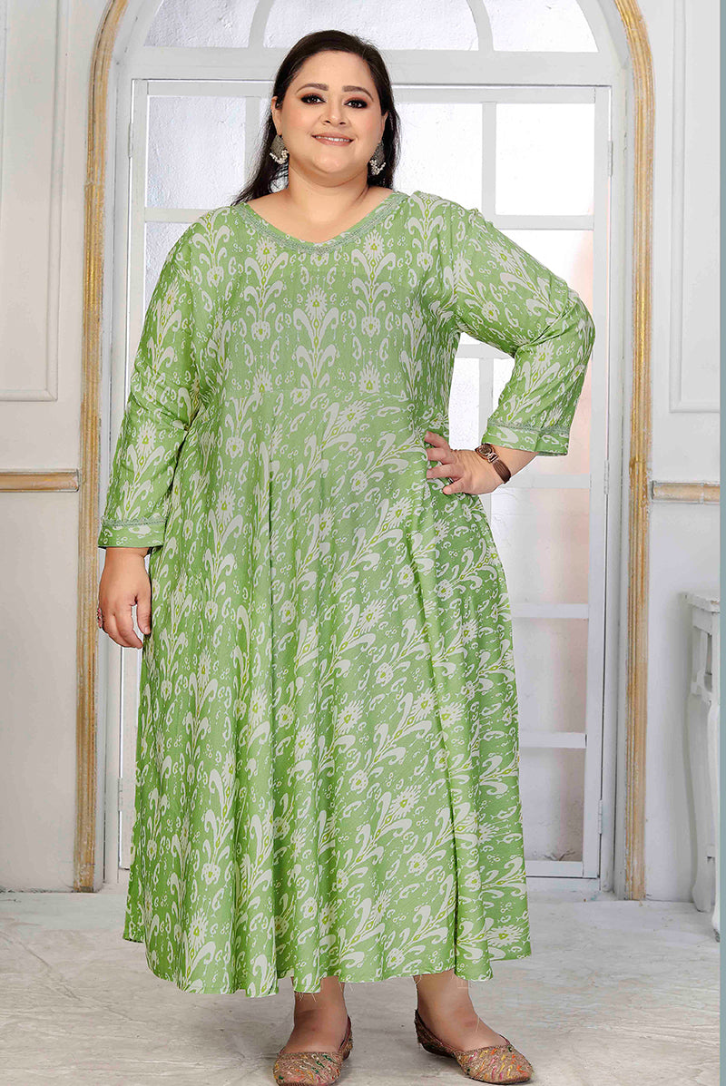 Monjolika Fashion Rayon Printed Light Green Designer Kurti