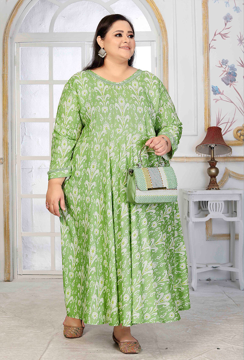 Monjolika Fashion Rayon Printed Light Green Designer Kurti