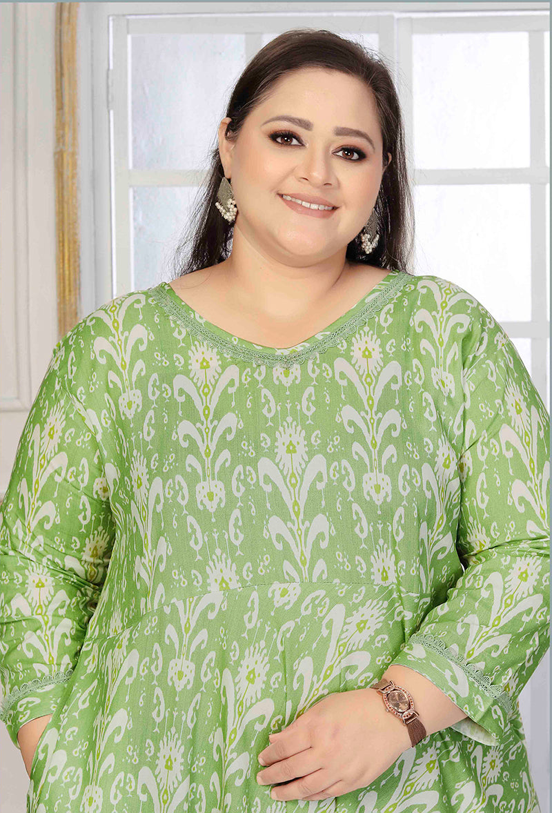 Monjolika Fashion Rayon Printed Light Green Designer Kurti