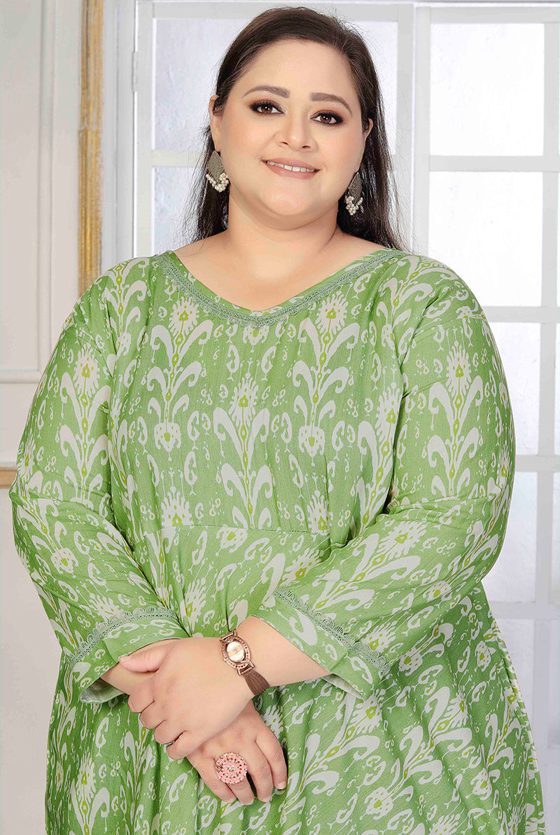Monjolika Fashion Rayon Printed Light Green Designer Kurti