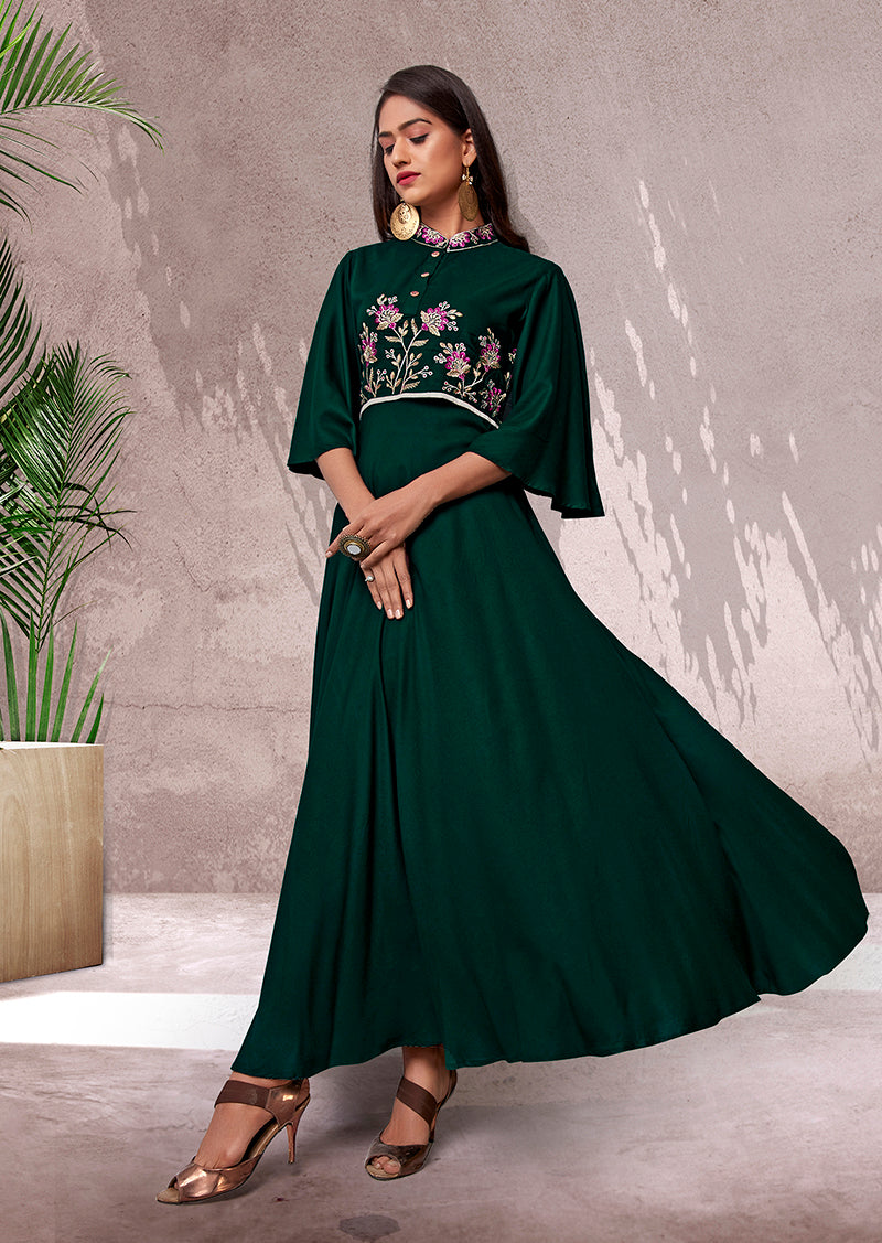 Monjolika Fashion Bottle Green Rayon Embroidered Designer Kurti