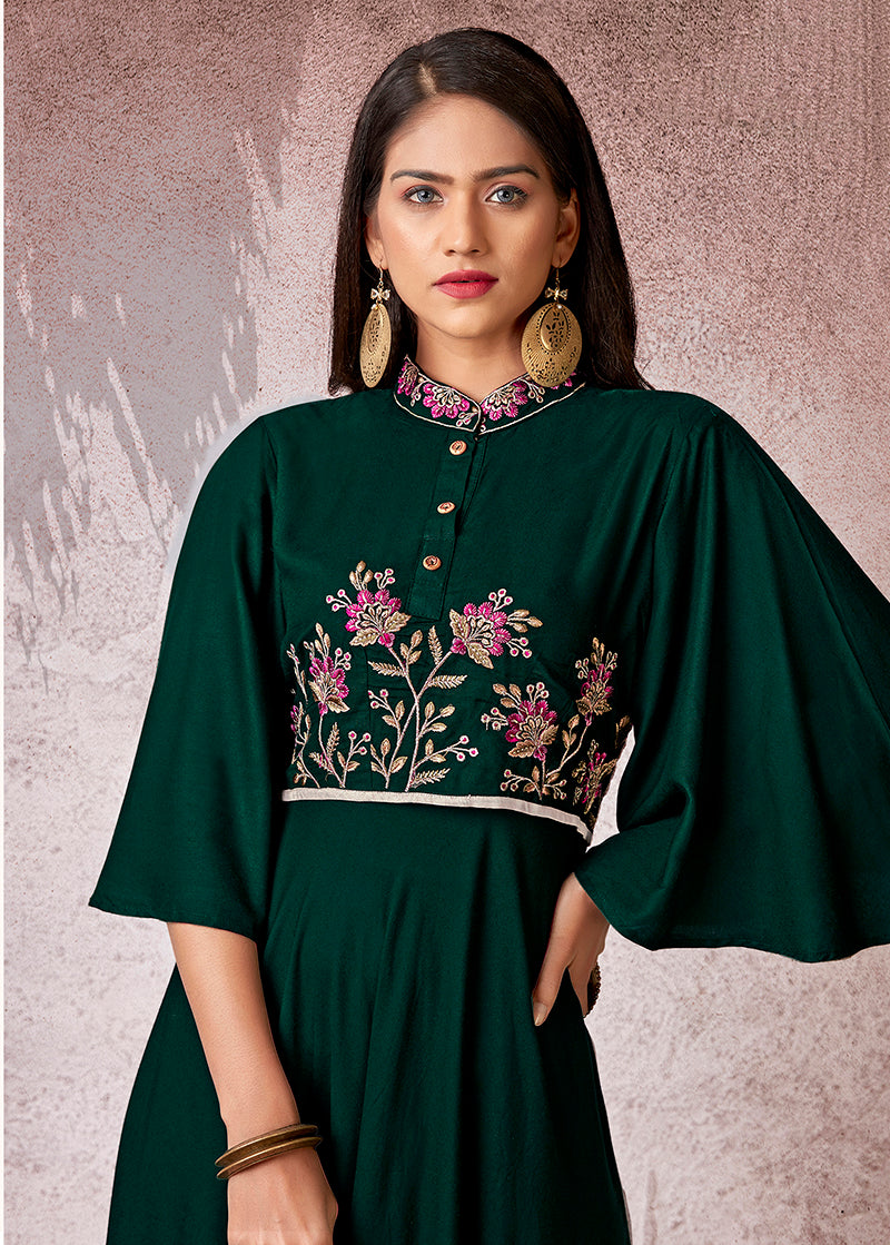 Monjolika Fashion Bottle Green Rayon Embroidered Designer Kurti