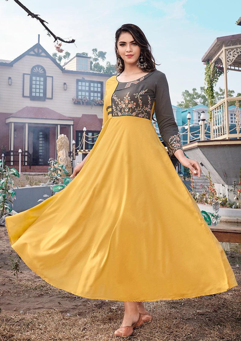 Monjolika Fashion Mustard Rayon Embroidered Designer Kurti