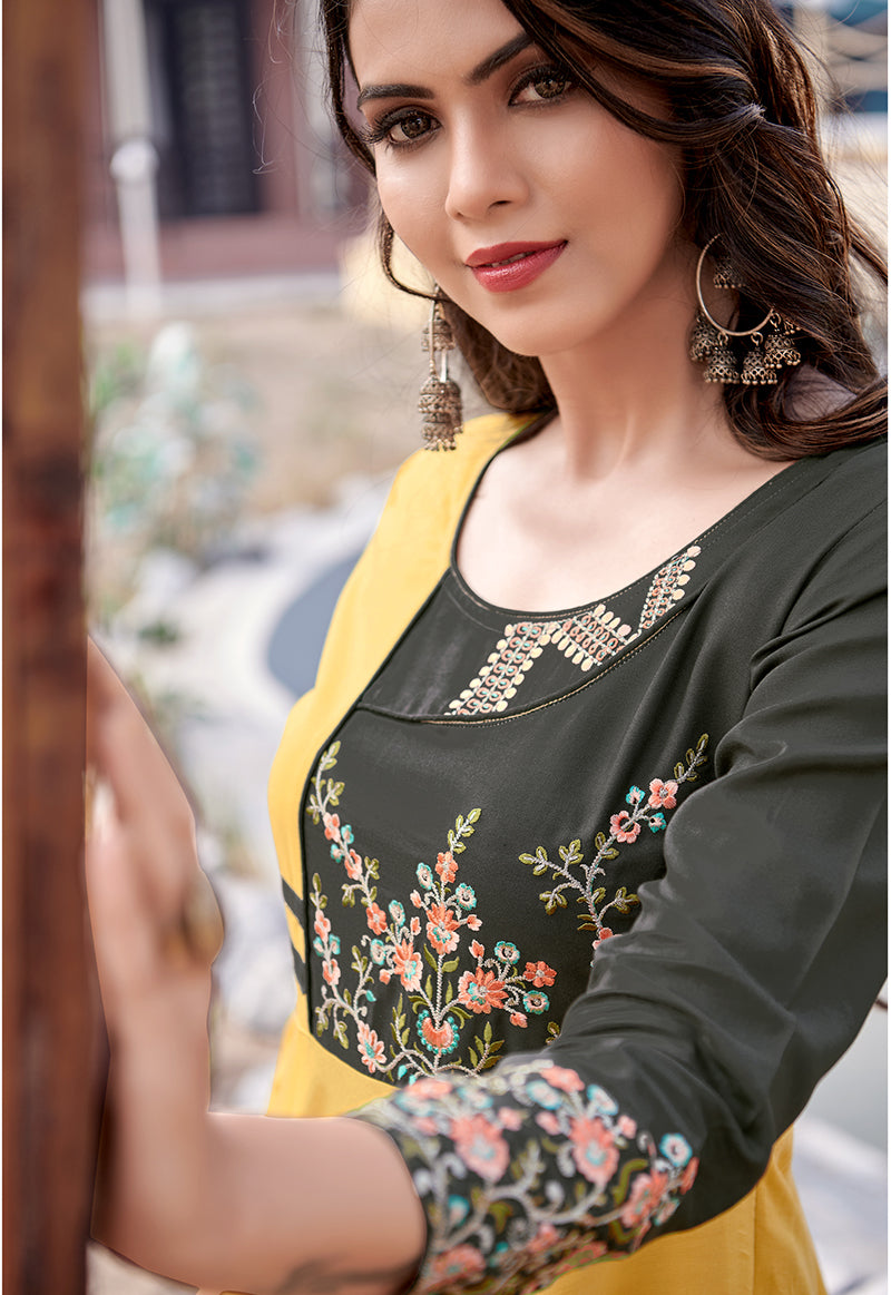 Monjolika Fashion Mustard Rayon Embroidered Designer Kurti