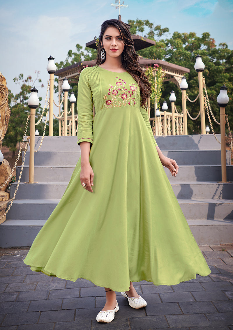 Monjolika Fashion Light Green Rayon Embroidered Designer Kurti