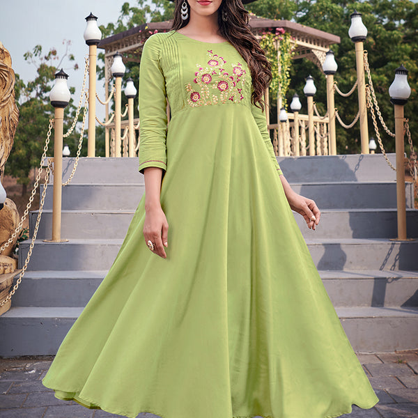 Monjolika Fashion Light Green Rayon Embroidered Designer Kurti