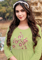 Thumbnail for Monjolika Fashion Light Green Rayon Embroidered Designer Kurti