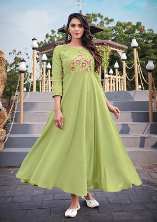 Monjolika Fashion Light Green Rayon Embroidered Designer Kurti
