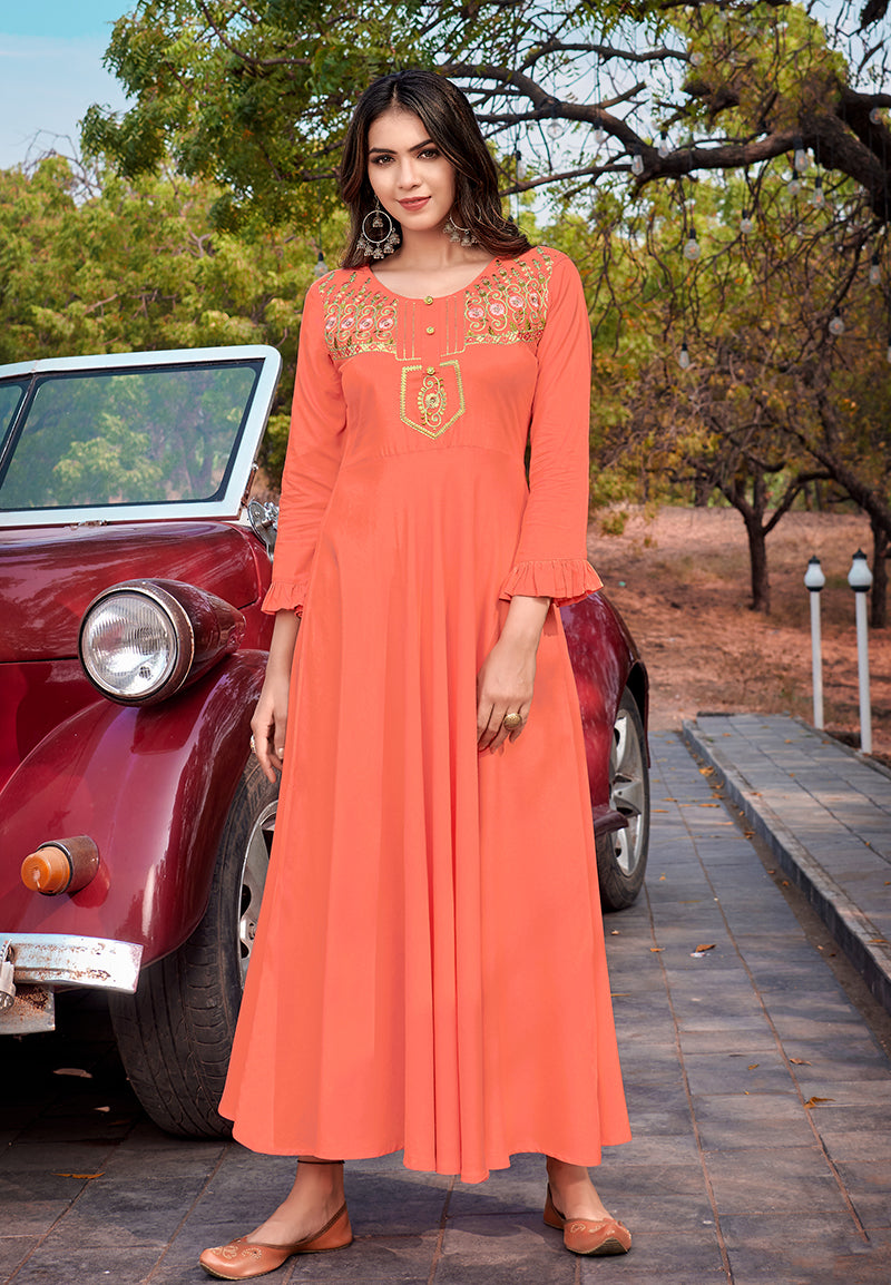 Monjolika Fashion Peach Rayon Embroidered Designer Kurti