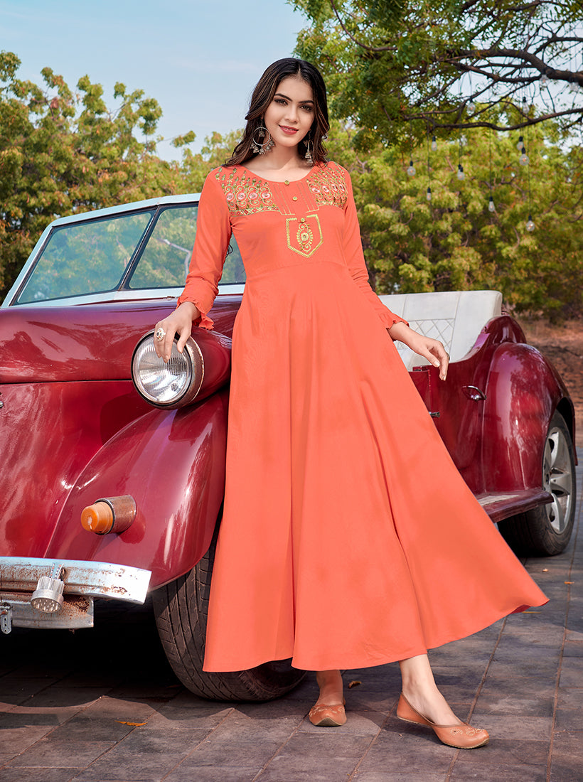 Monjolika Fashion Peach Rayon Embroidered Designer Kurti