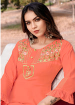 Thumbnail for Monjolika Fashion Peach Rayon Embroidered Designer Kurti