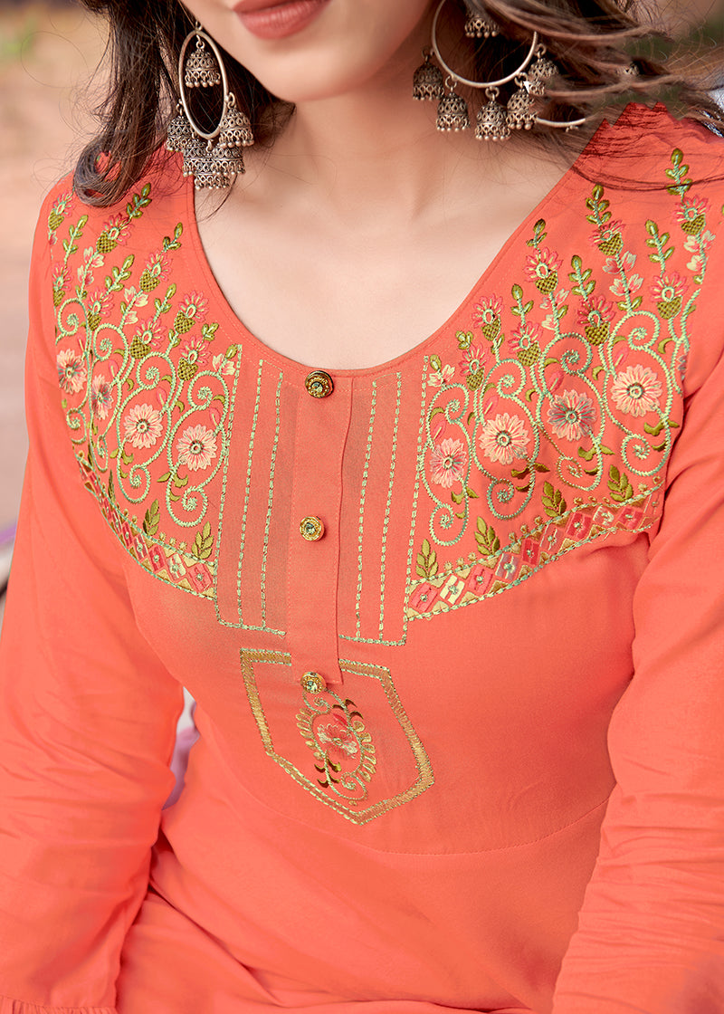Monjolika Fashion Peach Rayon Embroidered Designer Kurti
