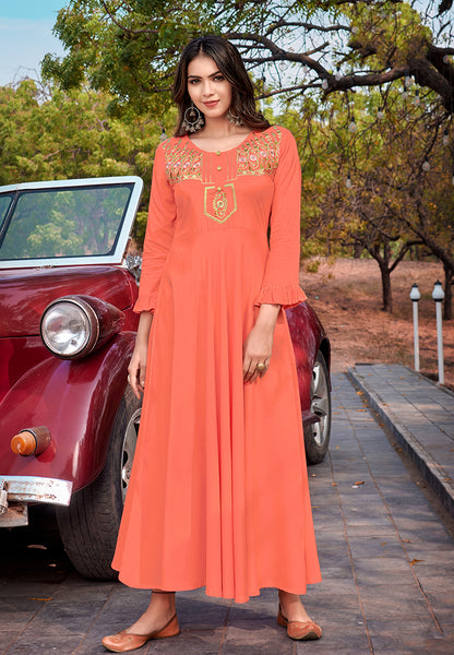 Monjolika Fashion Peach Rayon Embroidered Designer Kurti