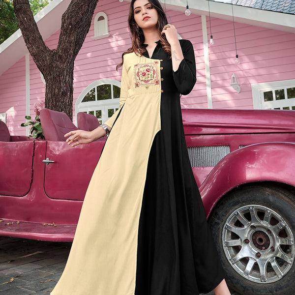 Monjolika Fashion Cream & Black Rayon Embroidered Designer Kurti