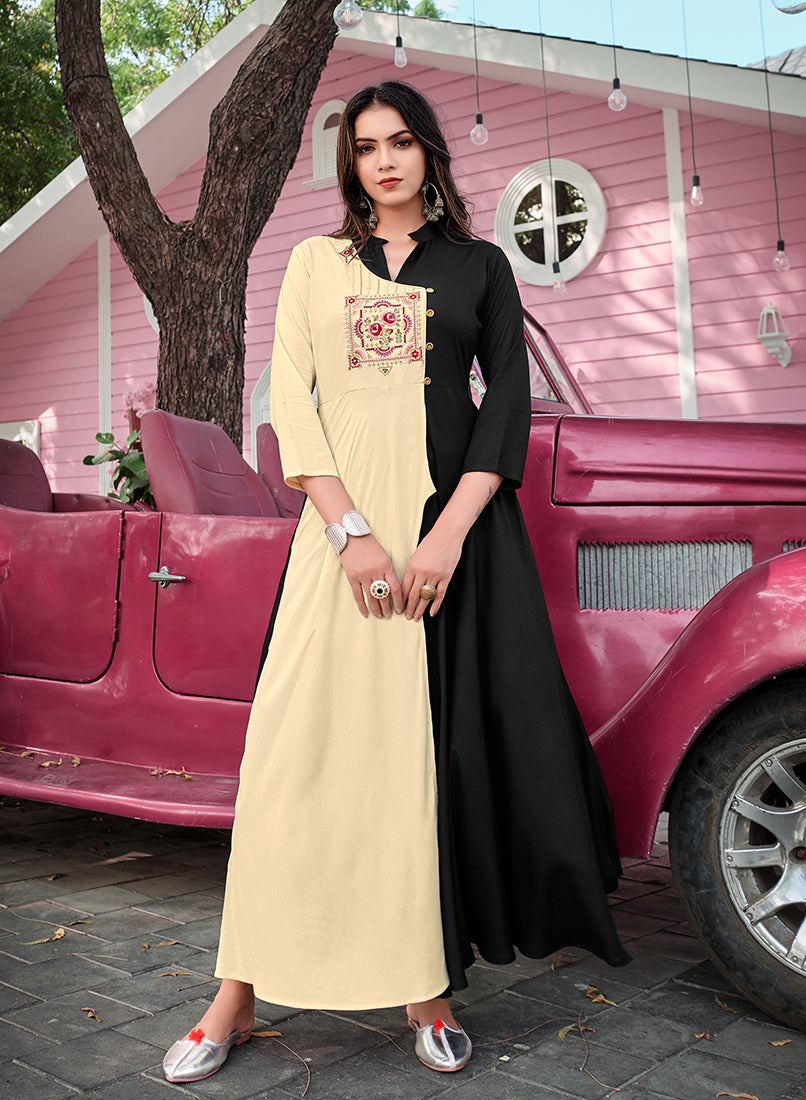 Monjolika Fashion Cream & Black Rayon Embroidered Designer Kurti