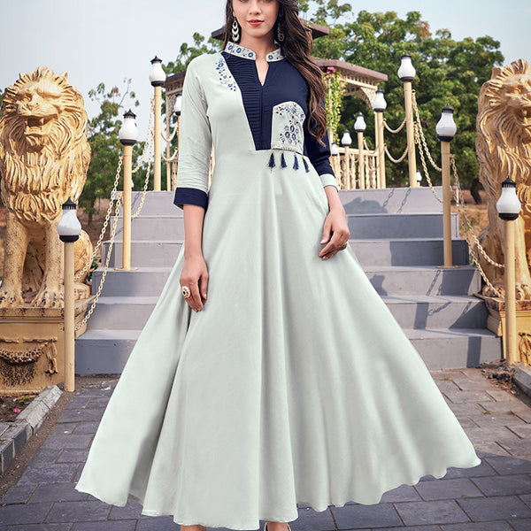 Monjolika Fashion Light Grey Rayon Embroidered Designer Kurti