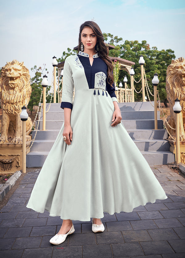 Monjolika Fashion Light Grey Rayon Embroidered Designer Kurti
