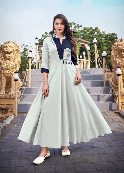Monjolika Fashion Light Grey Rayon Embroidered Designer Kurti
