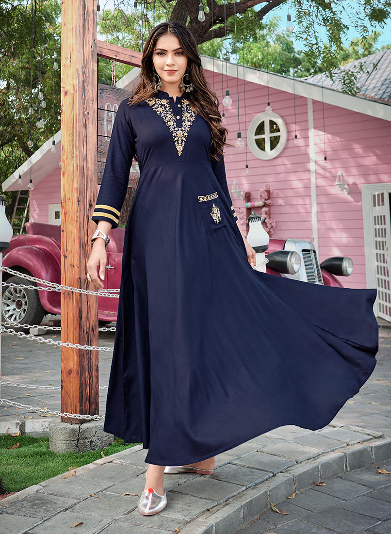 Monjolika Fashion Navy Blue Rayon Embroidered Designer Kurti