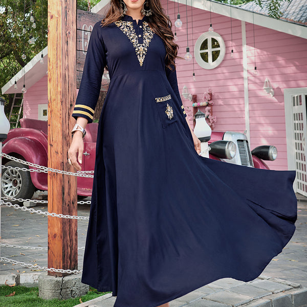 Monjolika Fashion Navy Blue Rayon Embroidered Designer Kurti
