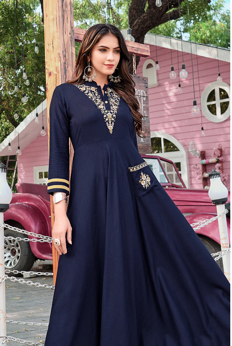 Monjolika Fashion Navy Blue Rayon Embroidered Designer Kurti