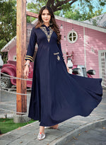 Thumbnail for Monjolika Fashion Navy Blue Rayon Embroidered Designer Kurti