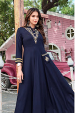 Thumbnail for Monjolika Fashion Navy Blue Rayon Embroidered Designer Kurti